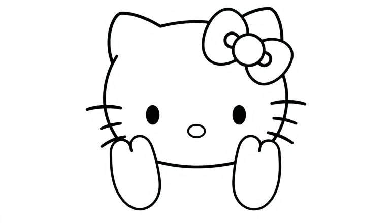 Hello Kitty segurando uma tela em preto e branco, pronta para ser colorida em um color panel.