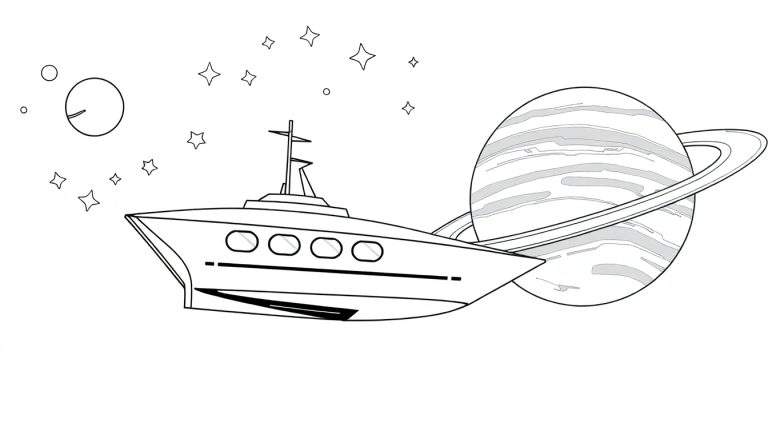 Um iate espacial desenhado a preto e branco, voando em direção a um planeta anelado, com estrelas e um pequeno planeta ao fundo. Ideal para um color panel.