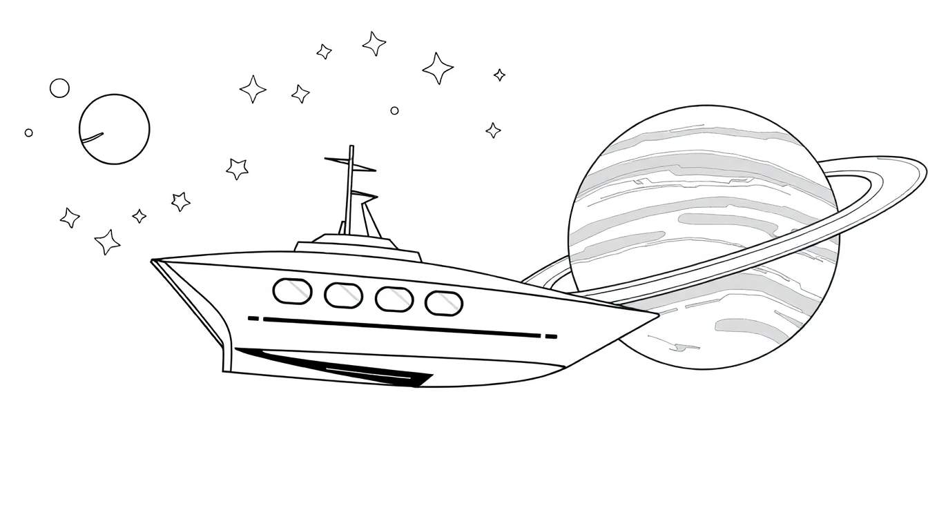 Um iate espacial desenhado a preto e branco, voando em direção a um planeta anelado, com estrelas e um pequeno planeta ao fundo. Ideal para um color panel.
