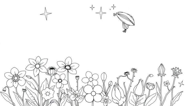 Um desenho a preto e branco de flores, estrelas e uma borboleta, com um color panel evocativo.