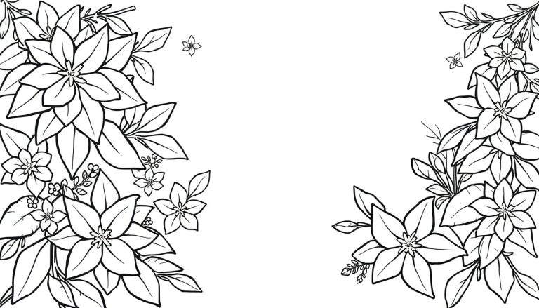 Ilustração em preto e branco de uma borda floral simétrica, com espaço em branco no centro, ideal para colorir.