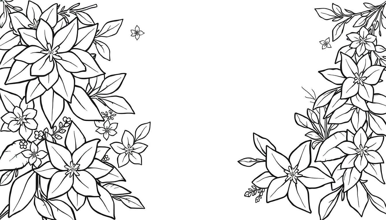 Ilustração em preto e branco de uma borda floral simétrica, com espaço em branco no centro, ideal para colorir.
