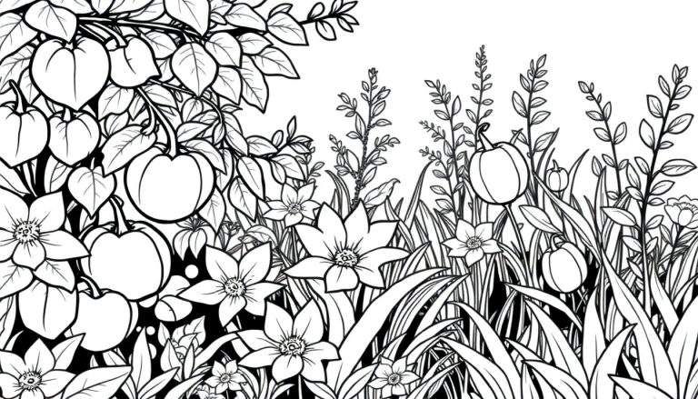 Um desenho em preto e branco de um jardim exuberante com folhas, frutos e flores, ideal para um color panel.