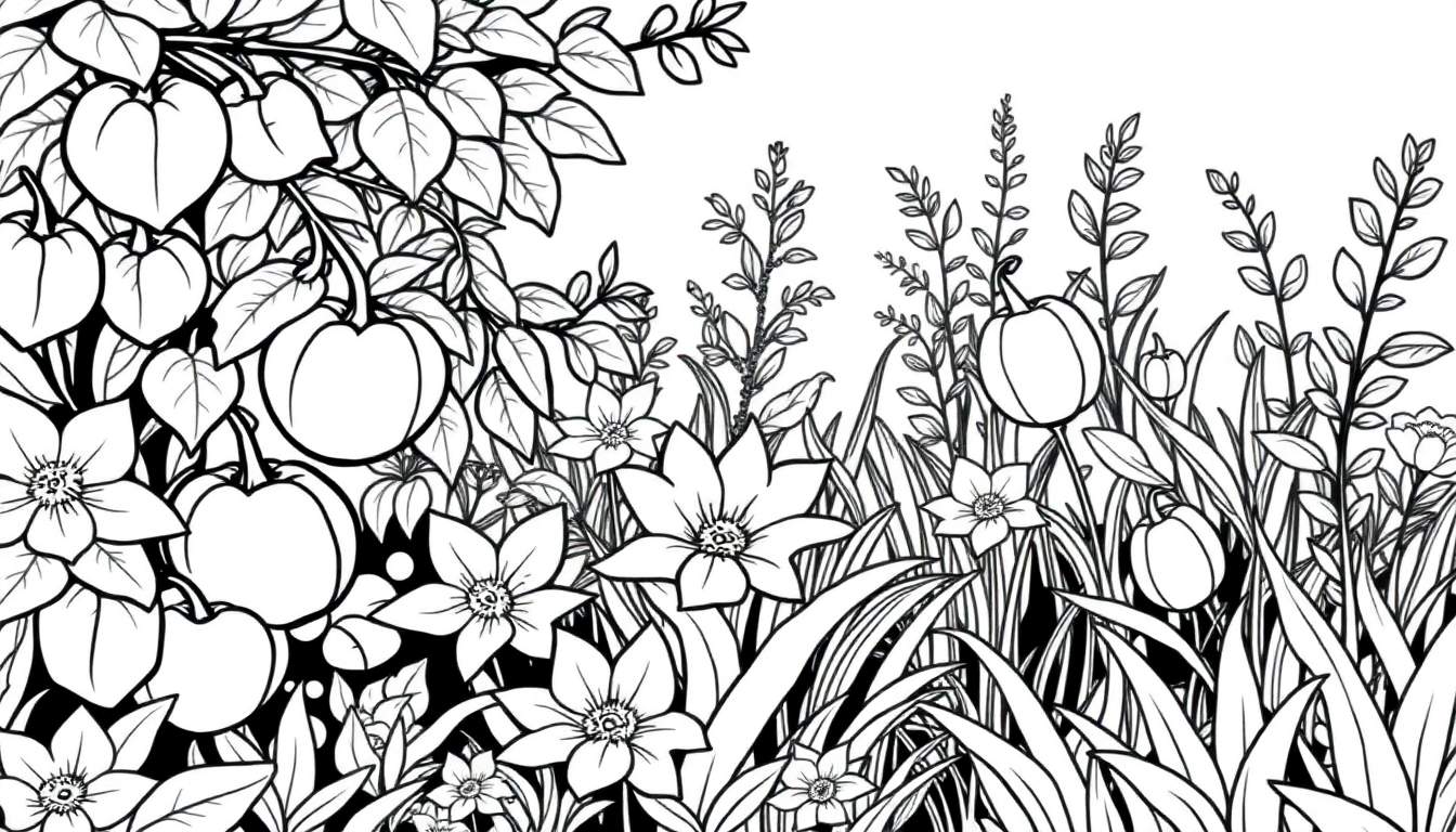 Um desenho em preto e branco de um jardim exuberante com folhas, frutos e flores, ideal para um color panel.