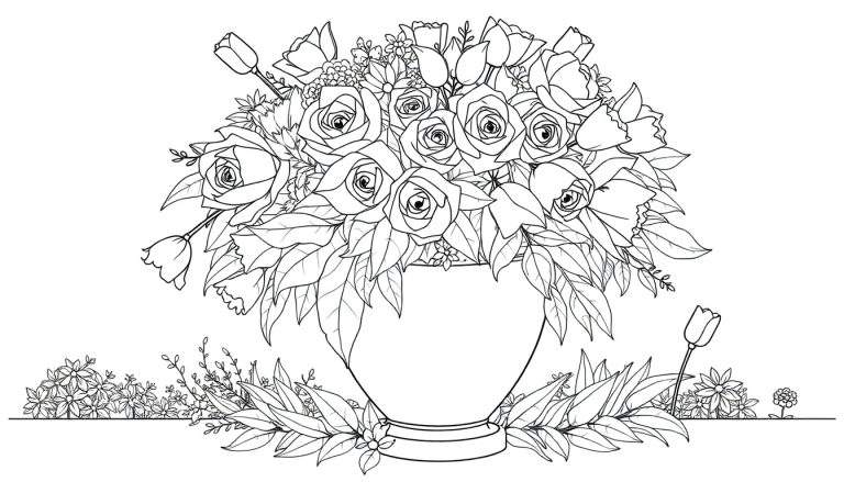 Um desenho linear de um buquê de flores em um vaso, pronto para colorir.