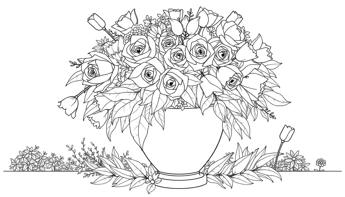 Um desenho linear de um buquê de flores em um vaso, pronto para colorir.