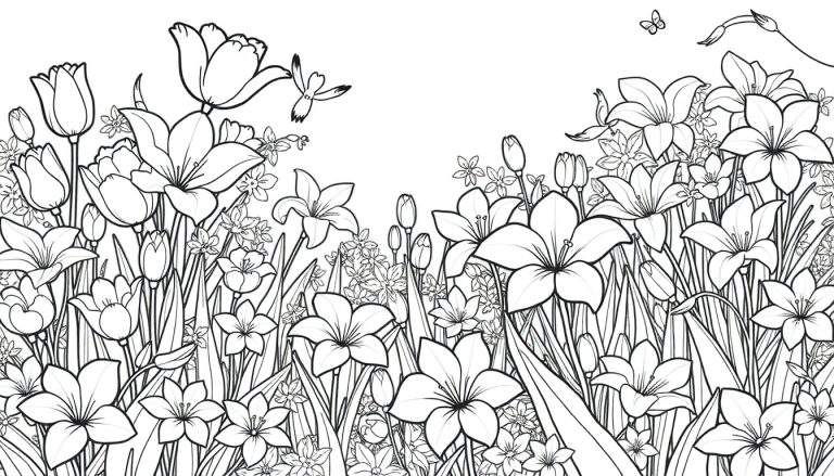 Um desenho a preto e branco de um campo de flores com libélulas e uma borboleta, um color panel.