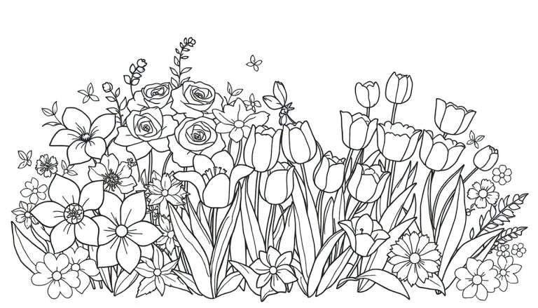Um desenho para colorir de um jardim de flores com tulipas, rosas, margaridas e narcisos, com uma borboleta.