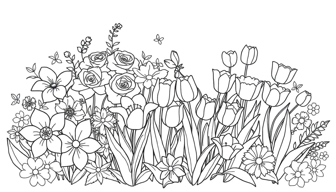 Um desenho para colorir de um jardim de flores com tulipas, rosas, margaridas e narcisos, com uma borboleta.
