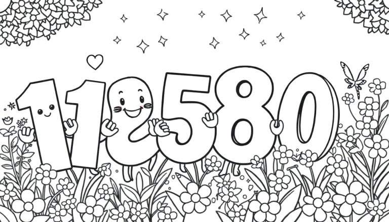 Ilustração em preto e branco de números humanizados '112' em um jardim cheio de flores, folhagens, borboleta, estrelas e corações. Pronto para colorir.