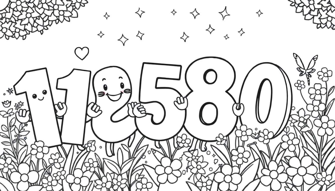 Ilustração em preto e branco de números humanizados '112' em um jardim cheio de flores, folhagens, borboleta, estrelas e corações. Pronto para colorir.