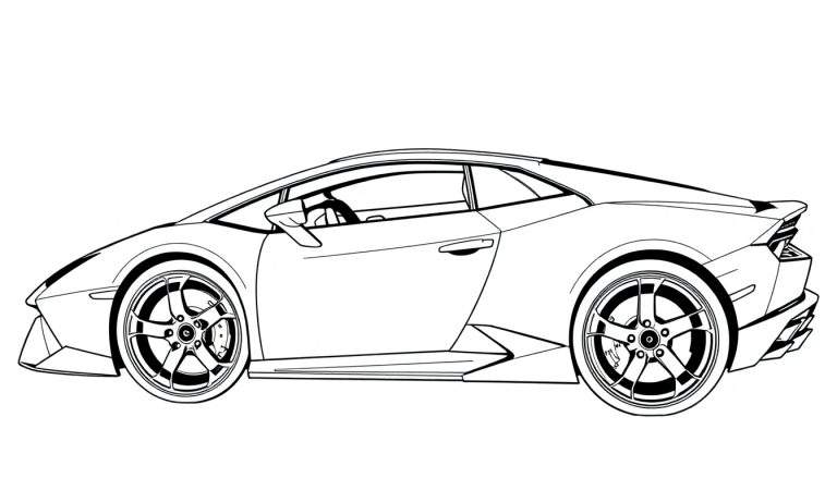 Desenho em preto e branco de um Lamborghini Huracan em estilo de linha, visto de perfil.