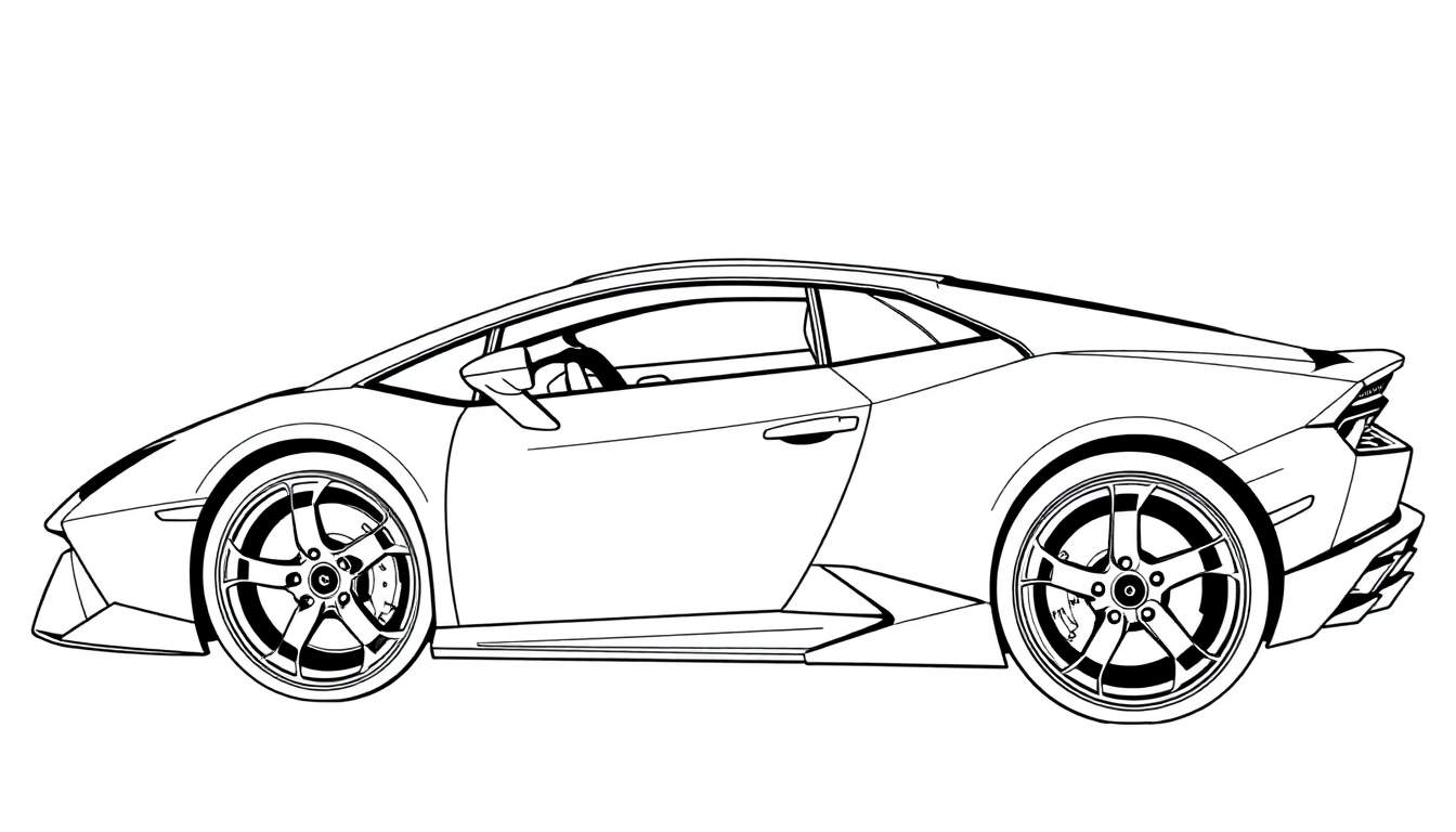 Desenho em preto e branco de um Lamborghini Huracan em estilo de linha, visto de perfil.
