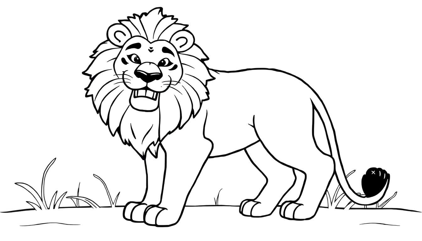 Desenho em preto e branco de um leão sorridente em pé num campo, pronto para ser colorido.