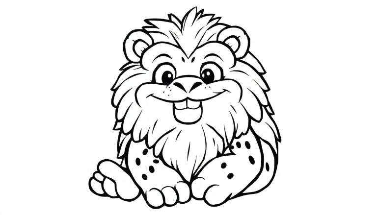 Desenho de um leão com dentes de castor pronto para colorir