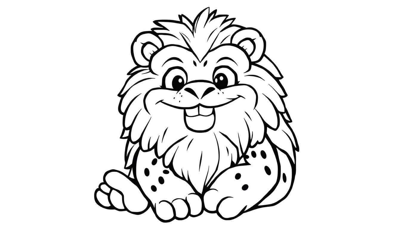 Desenho de um leão com dentes de castor pronto para colorir