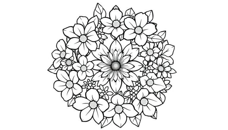 Um arranjo circular de flores pretas e brancas com um centro maior e detalhes em folhas, lembrando um mandala, pronto para ser colorido.