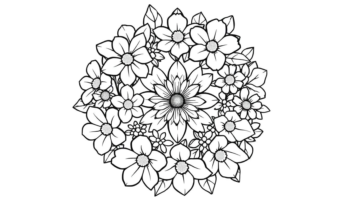 Um arranjo circular de flores pretas e brancas com um centro maior e detalhes em folhas, lembrando um mandala, pronto para ser colorido.