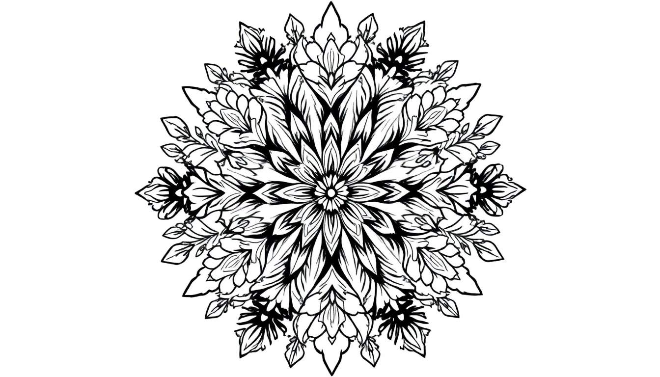 Uma pintura para colorir de uma mandala complexa em preto e branco com padrões florais e de folhas.