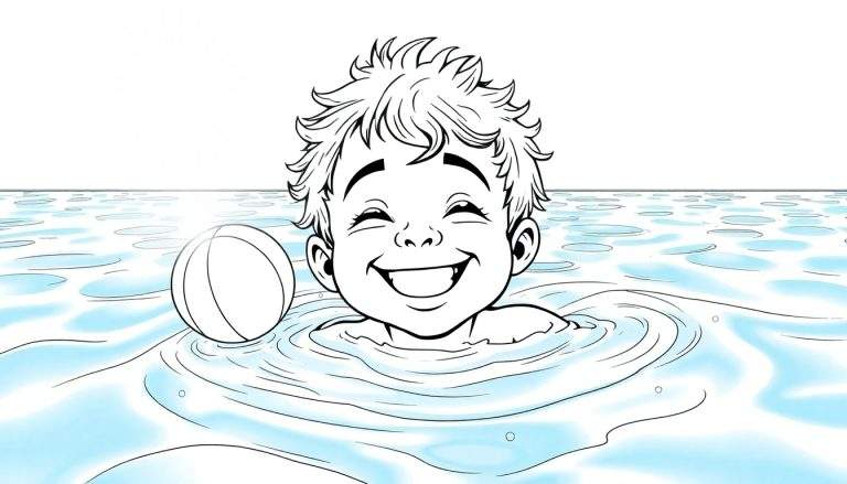 Um menino sorridente a nadar num dia ensolarado com uma bola flutuante.