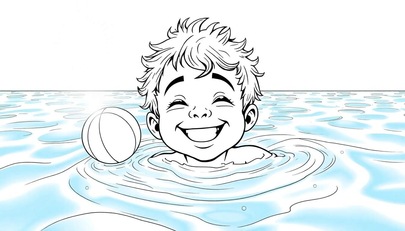 Um menino sorridente a nadar num dia ensolarado com uma bola flutuante.