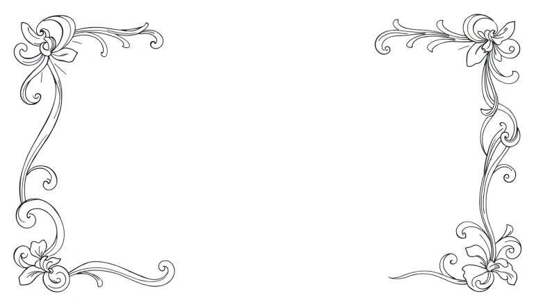 Moldura decorativa com flores e curvas ornamentadas em preto e branco, um color panel para colorir.