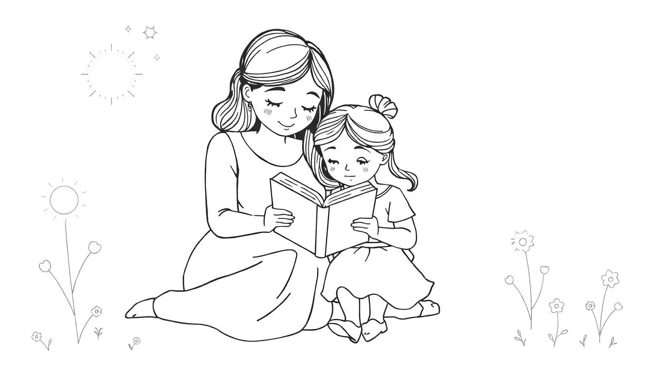 Ilustração em preto e branco de mãe e filha lendo juntas, com flores e sol ao redor, uma pintura para colorir.