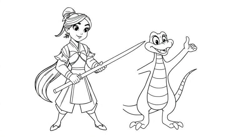 Mulan e Mushu, um dragão sorridente, prontos para a aventura em um color panel.