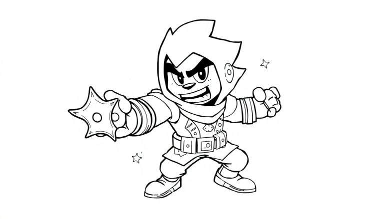 Desenho de um ninja em estilo de linha preta com uma estrela ninja na mão, pronto para atacar.