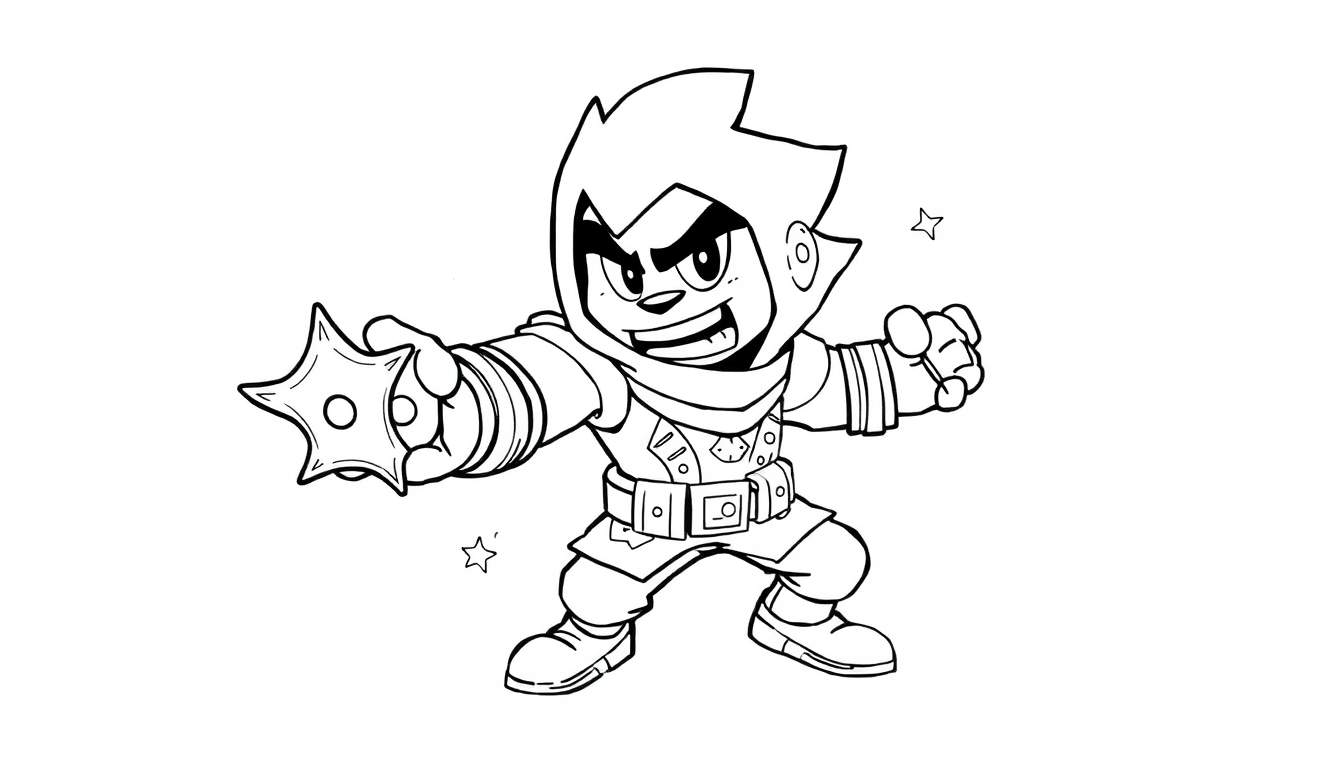 Desenho de um ninja em estilo de linha preta com uma estrela ninja na mão, pronto para atacar.