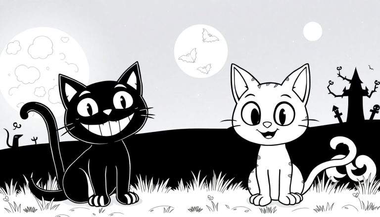 Desenho animado vintage em preto e branco de Halloween com dois gatos, três luas e uma casa assombrada.