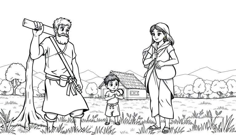 Uma família caminha com um tronco de madeira em direção a uma casa rústica. Uma mulher carrega uma bolsa. Uma criança está entre eles. Montanhas e árvores ao fundo.