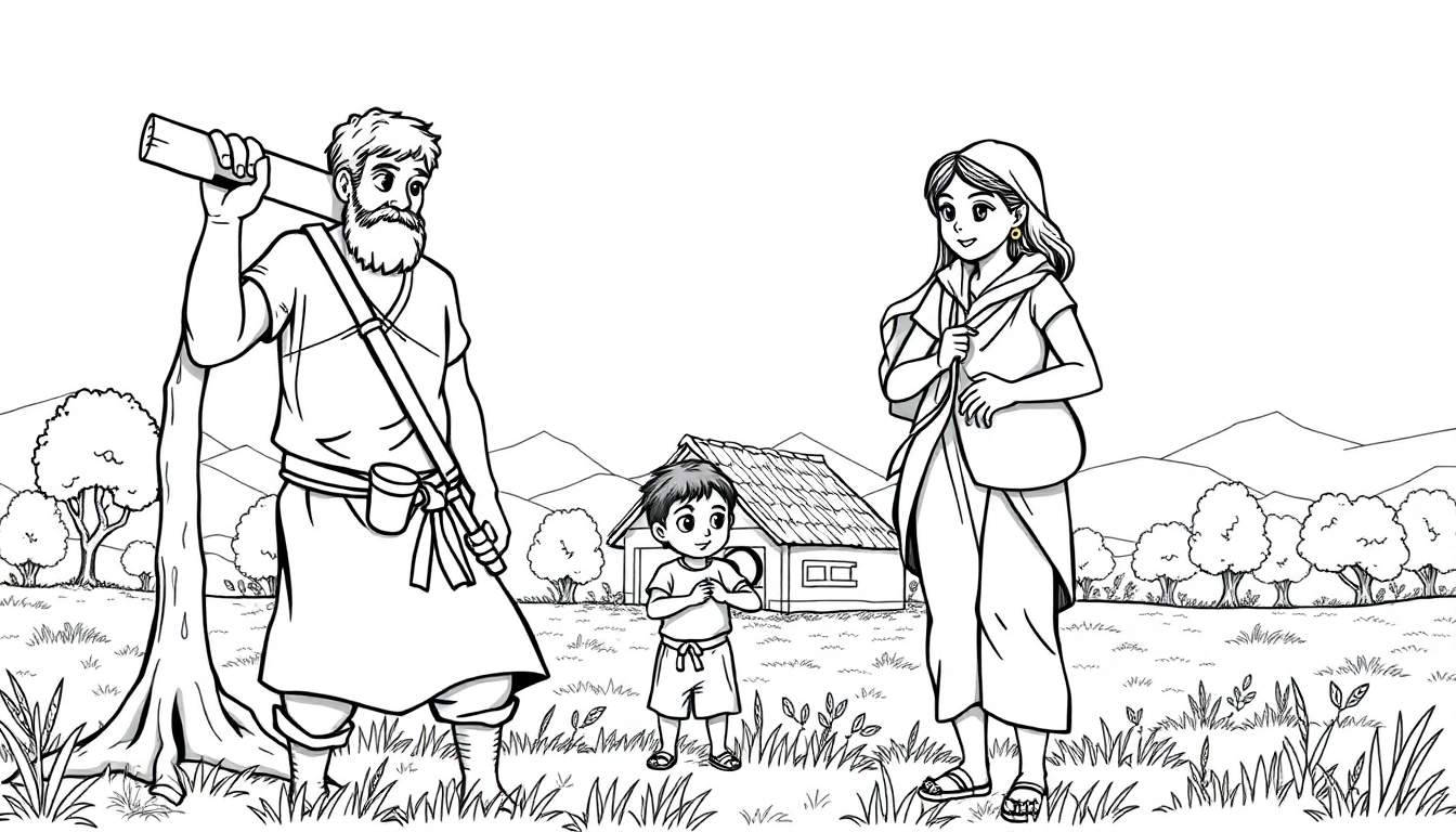 Uma família caminha com um tronco de madeira em direção a uma casa rústica. Uma mulher carrega uma bolsa. Uma criança está entre eles. Montanhas e árvores ao fundo.