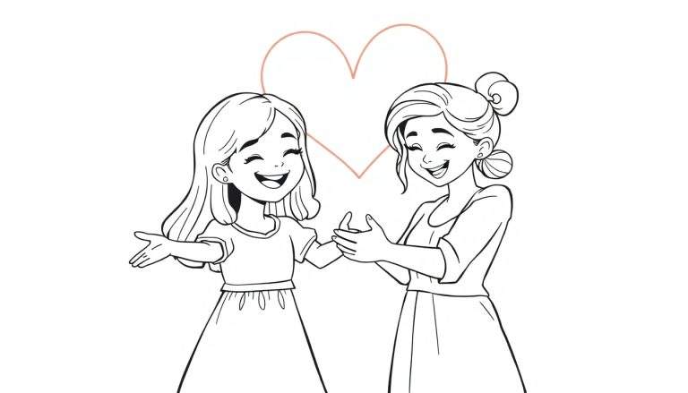 Desenho de duas mulheres felizes, uma jovem com braços abertos e uma mais velha com as mãos juntas, com um coração ao fundo. Um color panel completo de amor.