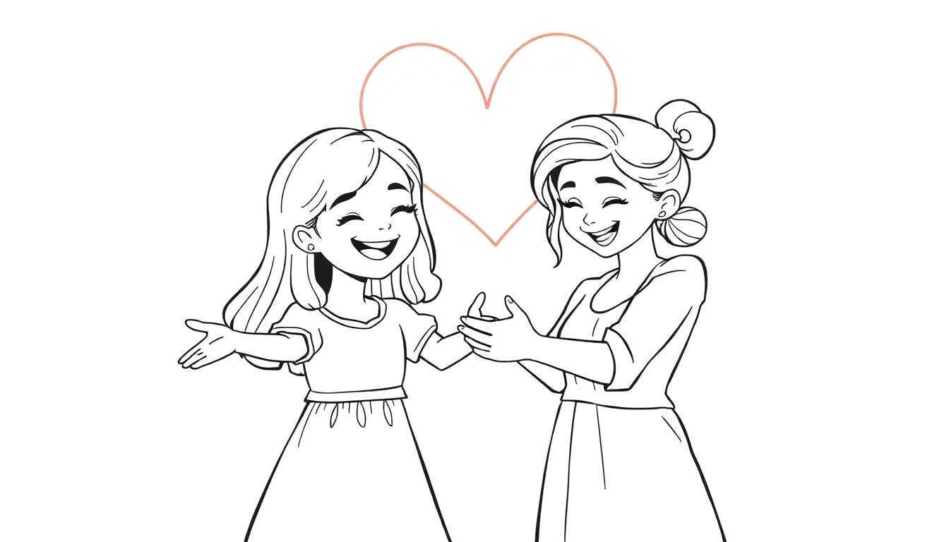 Desenho de duas mulheres felizes, uma jovem com braços abertos e uma mais velha com as mãos juntas, com um coração ao fundo. Um color panel completo de amor.