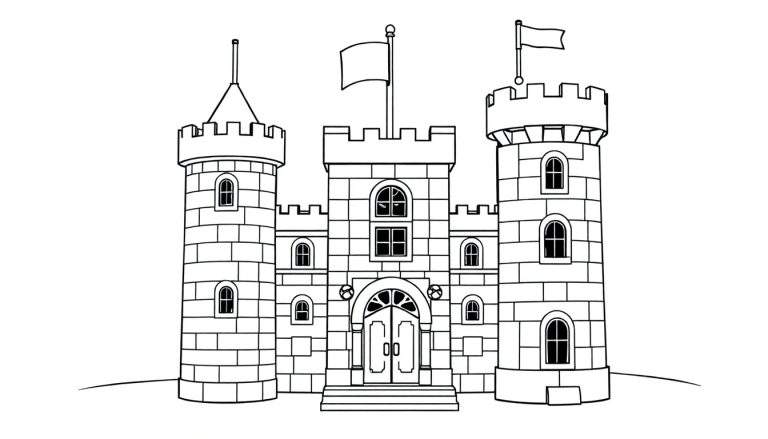 Um castelo de pedra com três torres, ameias, uma bandeira e uma porta arqueada, pronto para ser pintado com um color panel.