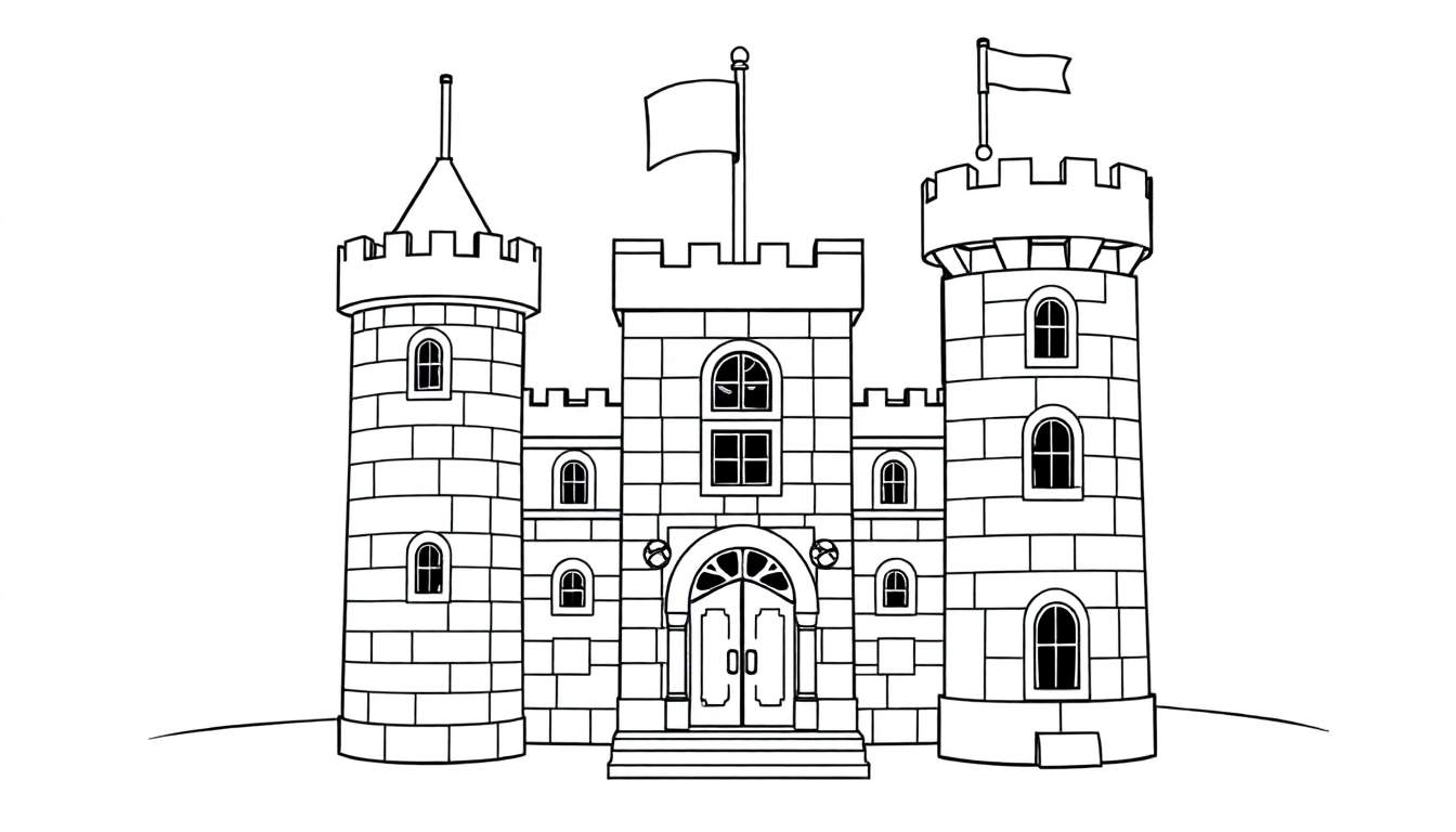 Um castelo de pedra com três torres, ameias, uma bandeira e uma porta arqueada, pronto para ser pintado com um color panel.