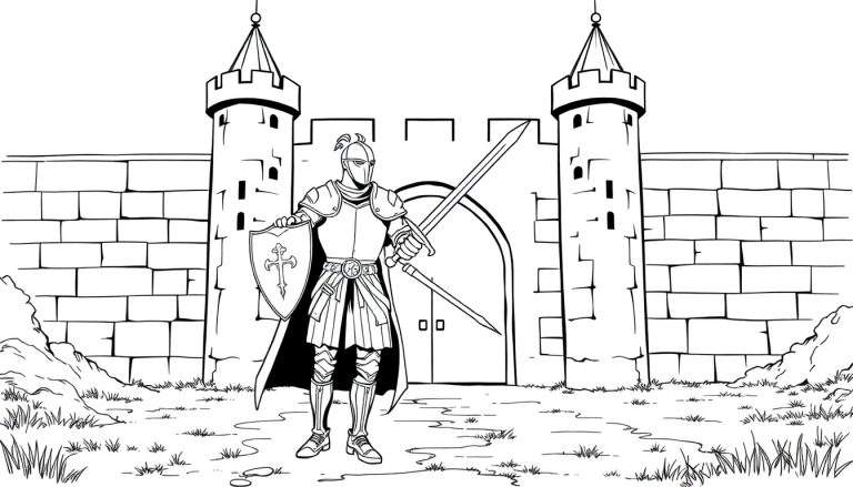 Um cavaleiro em armadura completa, segurando um escudo e uma espada, em frente a um castelo com duas torres e um portão grande.