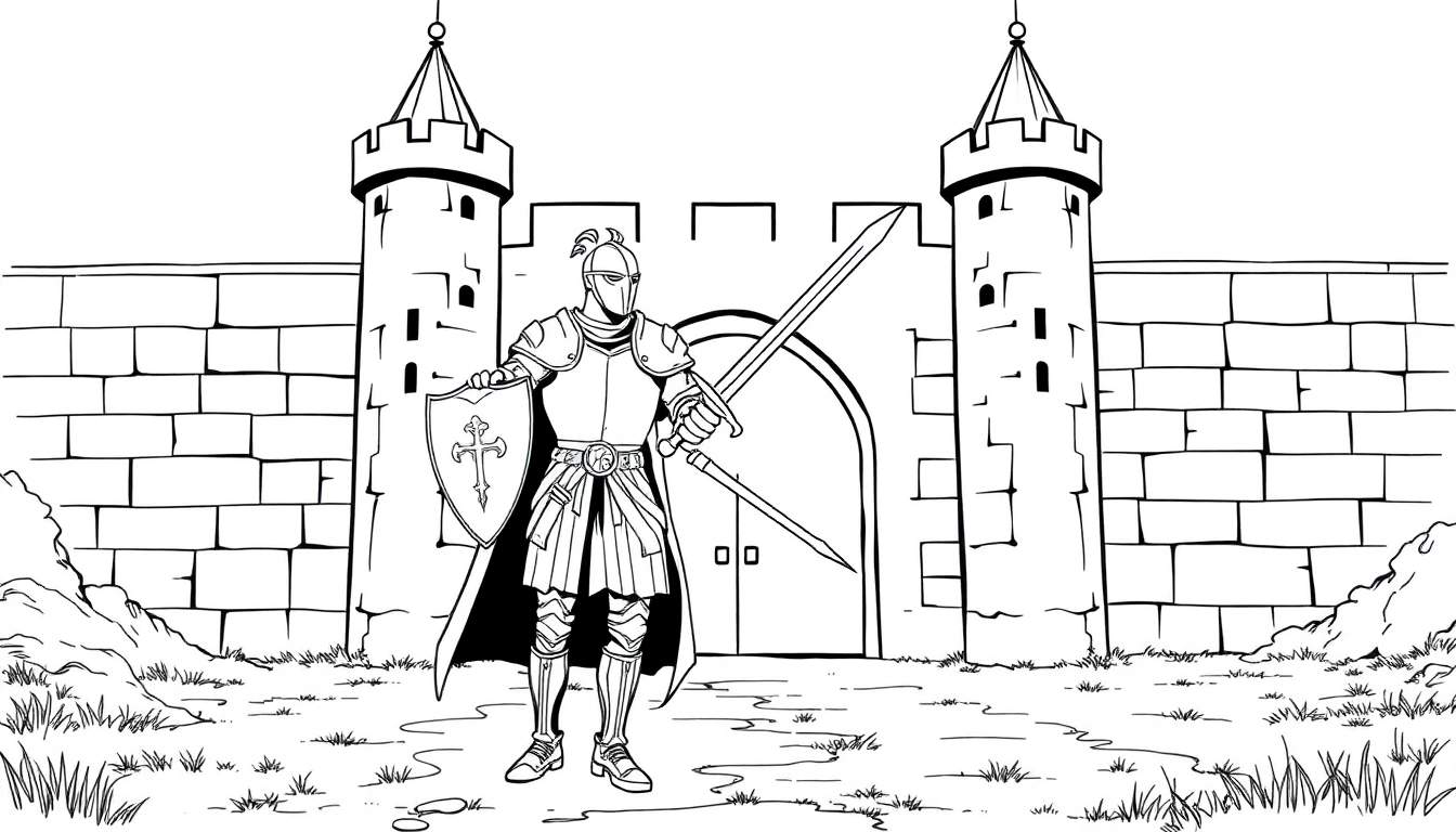 Um cavaleiro em armadura completa, segurando um escudo e uma espada, em frente a um castelo com duas torres e um portão grande.