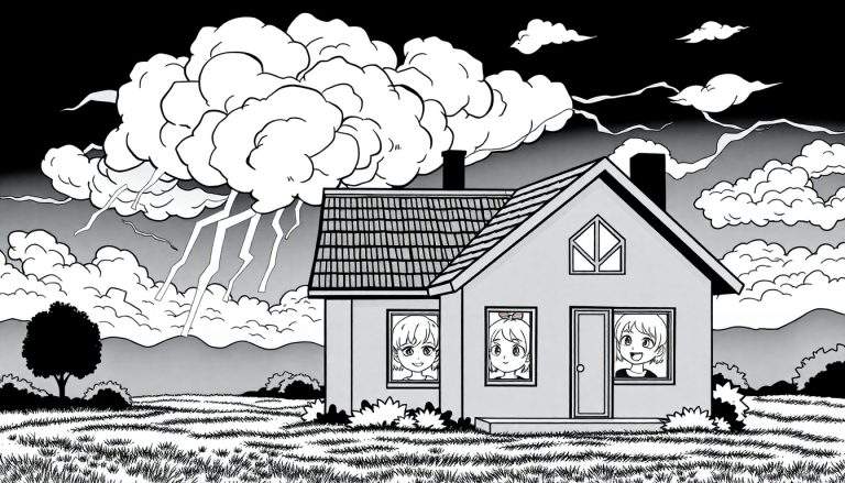 Casa com crianças olhando pela janela durante uma tempestade, com relâmpagos ao longe e um color panel vibrante.