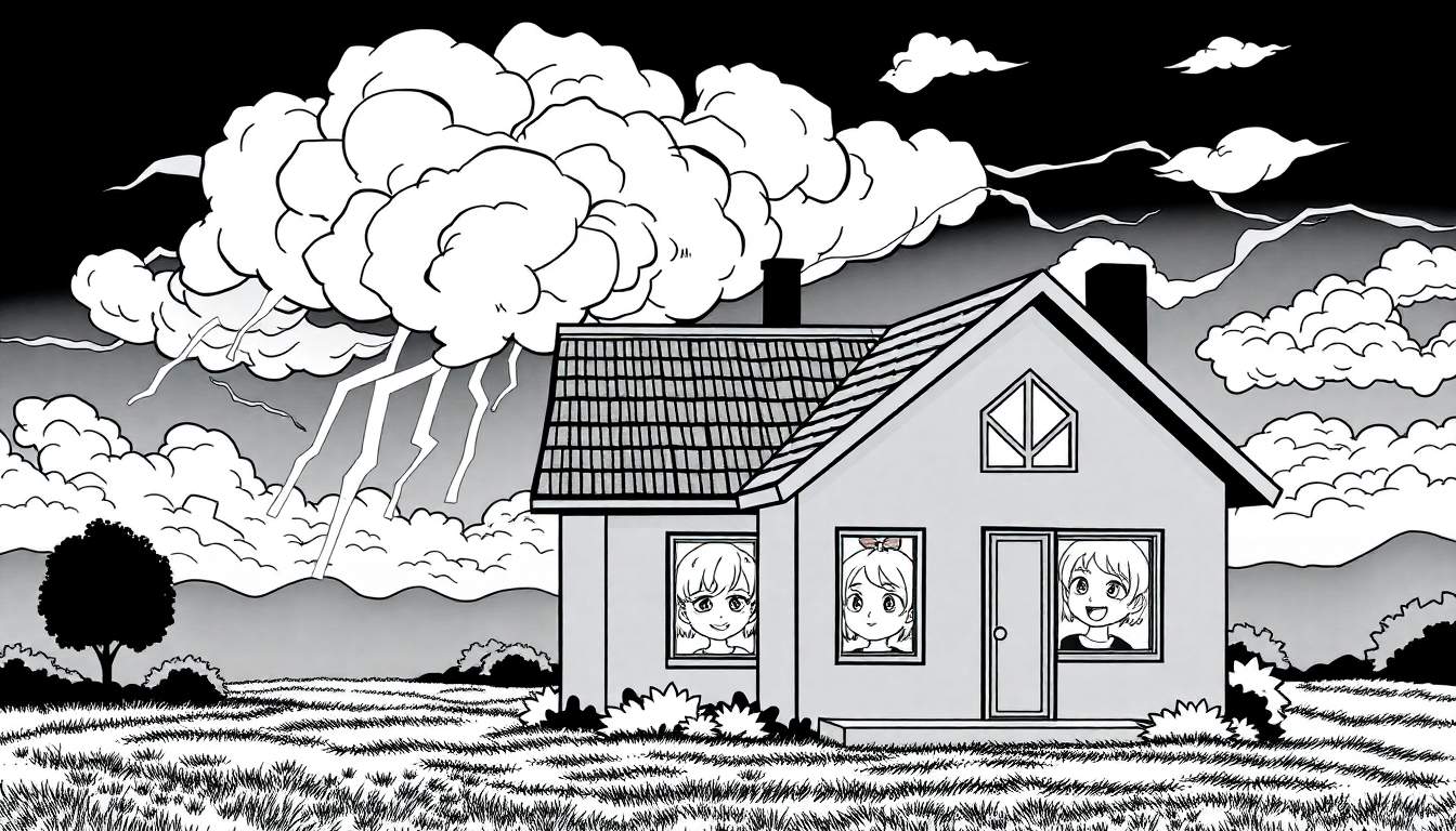 Casa com crianças olhando pela janela durante uma tempestade, com relâmpagos ao longe e um color panel vibrante.