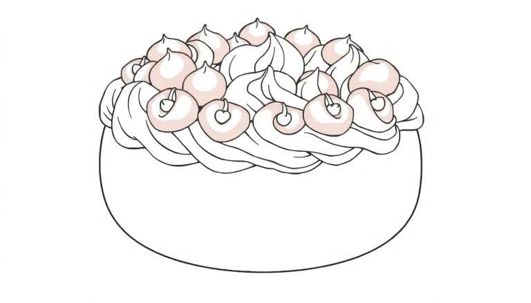 Um bolo fofo com chantilly branco e pequenas bolinhas cor-de-rosa, num estilo de desenho divertido. O painel de cores é vibrante e convidativo.