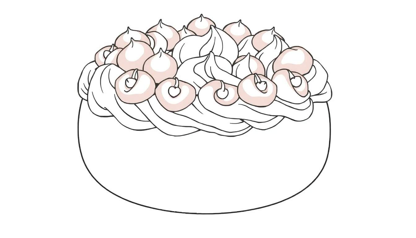 Um bolo fofo com chantilly branco e pequenas bolinhas cor-de-rosa, num estilo de desenho divertido. O painel de cores é vibrante e convidativo.