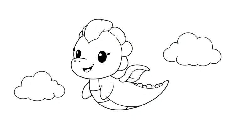 Pequeno dragão fofo voando em um color panel com nuvens fofas.