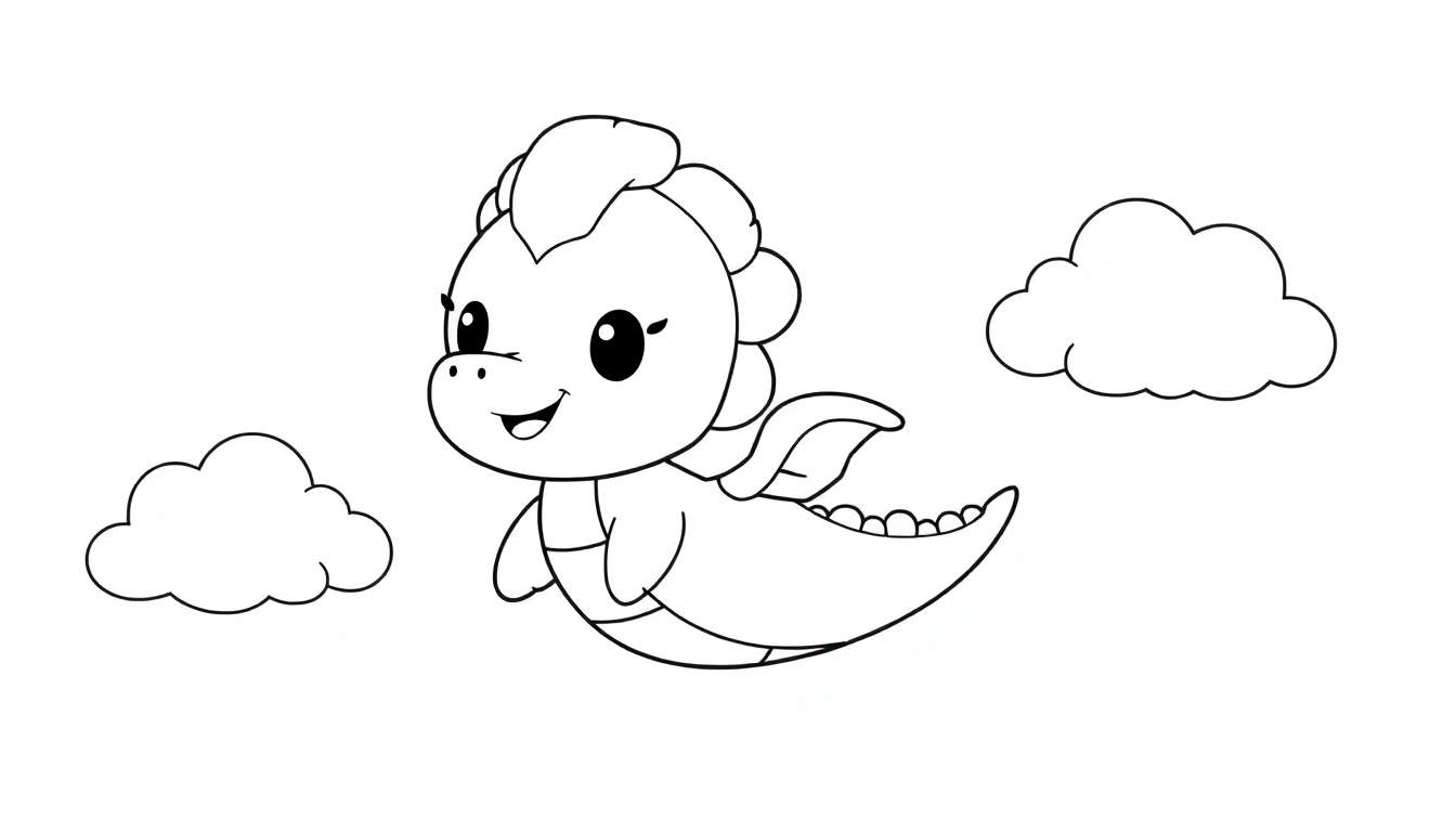 Pequeno dragão fofo voando em um color panel com nuvens fofas.
