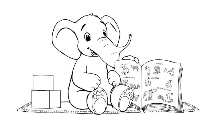 Um elefante adorável, sentado em um tapete com um padrão simples, está imerso na leitura de um livro aberto que exibe números e desenhos de animais. Ele segura o livro com suas patas e está cercado por blocos de construção coloridos, sugerindo um cenário de aprendizado lúdico. O estilo de arte é infantil e charmoso, com traços grossos e cores vivas.