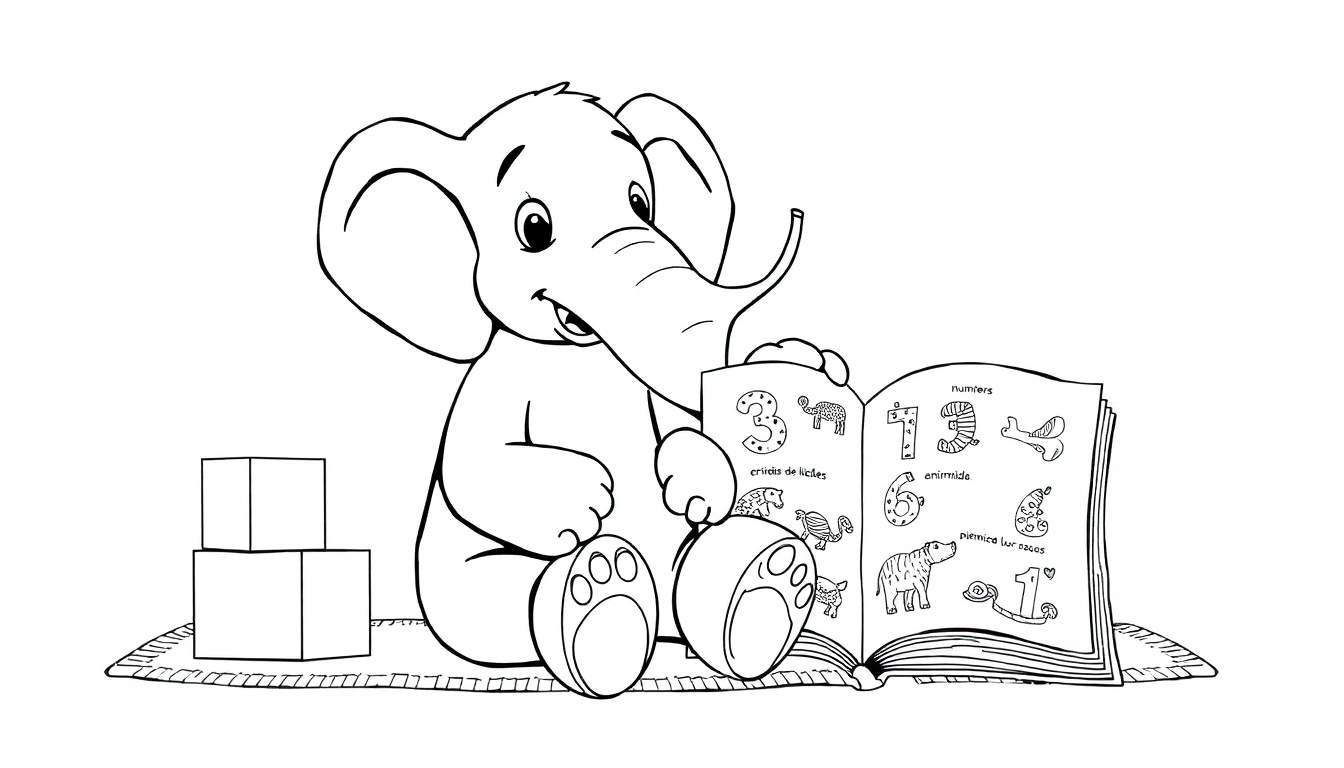 Um elefante adorável, sentado em um tapete com um padrão simples, está imerso na leitura de um livro aberto que exibe números e desenhos de animais. Ele segura o livro com suas patas e está cercado por blocos de construção coloridos, sugerindo um cenário de aprendizado lúdico. O estilo de arte é infantil e charmoso, com traços grossos e cores vivas.