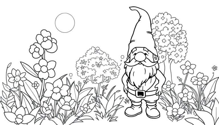 Um gnomo simpático com chapéu pontudo e barba comprida acenando em um jardim colorido, com sol ou lua no canto superior.