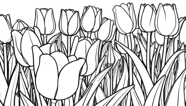 Desenho linear em preto e branco de um campo de tulipas em várias fases de floração, com linhas limpas e pétalas arredondadas.