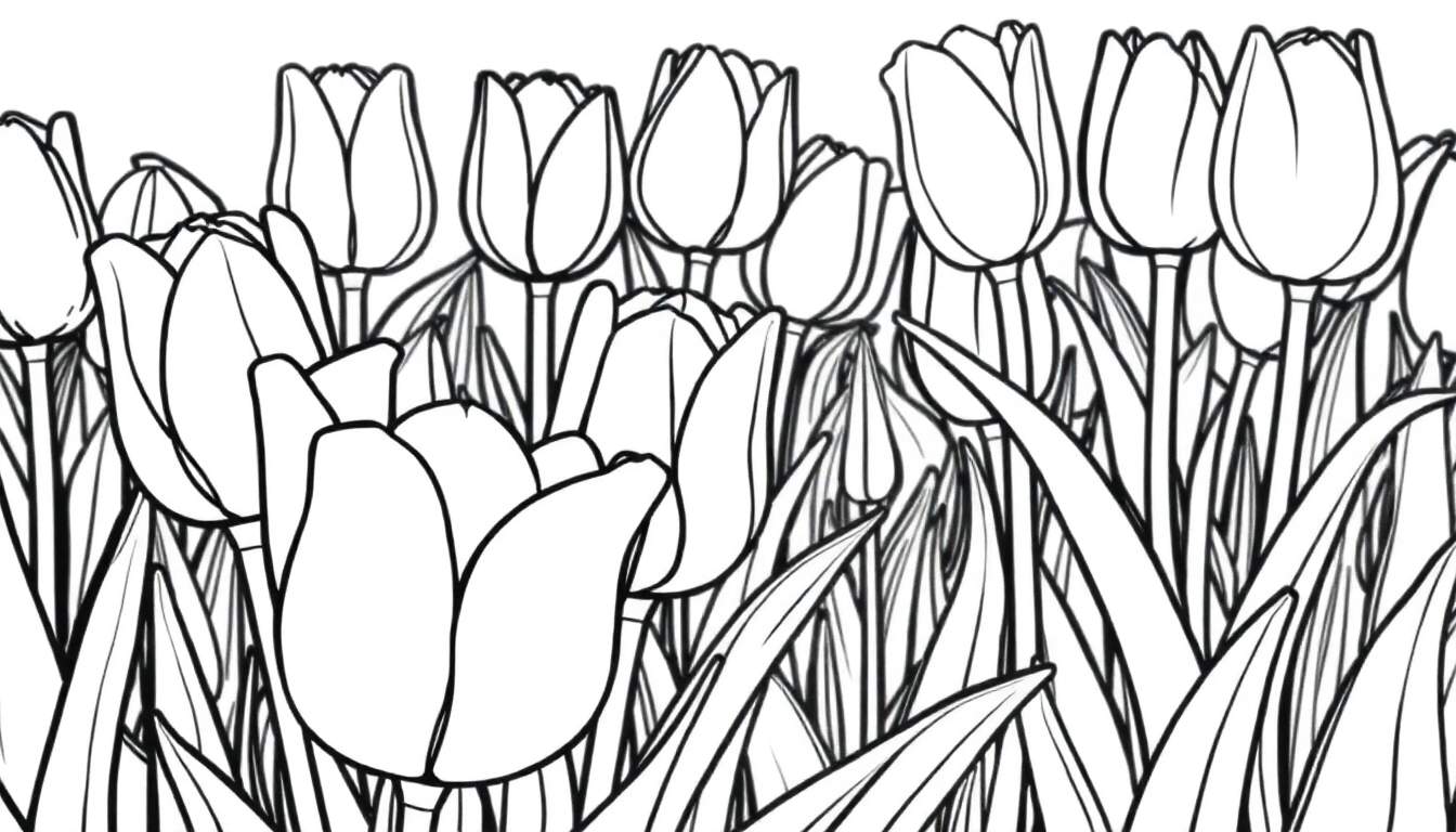 Desenho linear em preto e branco de um campo de tulipas em várias fases de floração, com linhas limpas e pétalas arredondadas.